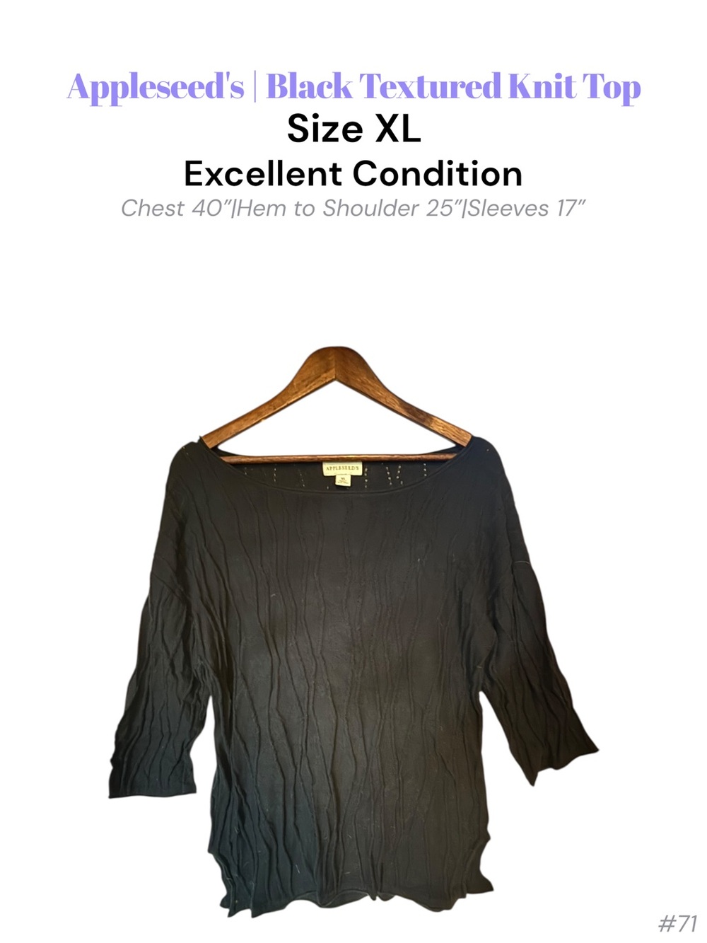 Appleseed’s Black Textured Knit Top 3/4 Sleeve Boat Neck XL